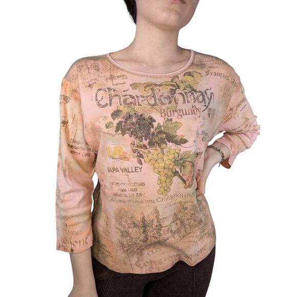 Y2K Vintage Chardonnay Grape Print 3/4 Sleeve Bling Tee Pink XL - Picture 1 of 9